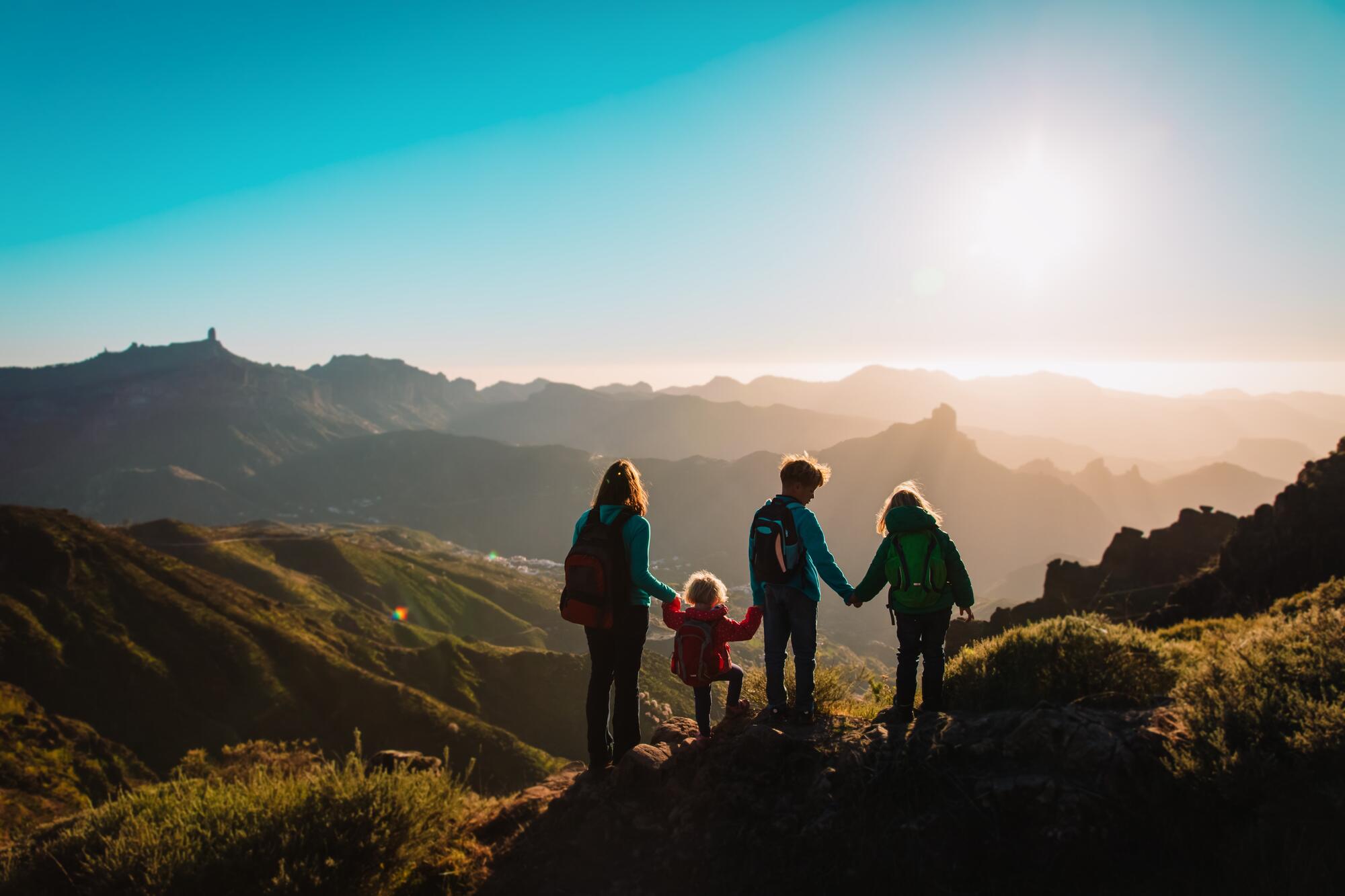 family-of-four-looking-into-mountains-holding-hands