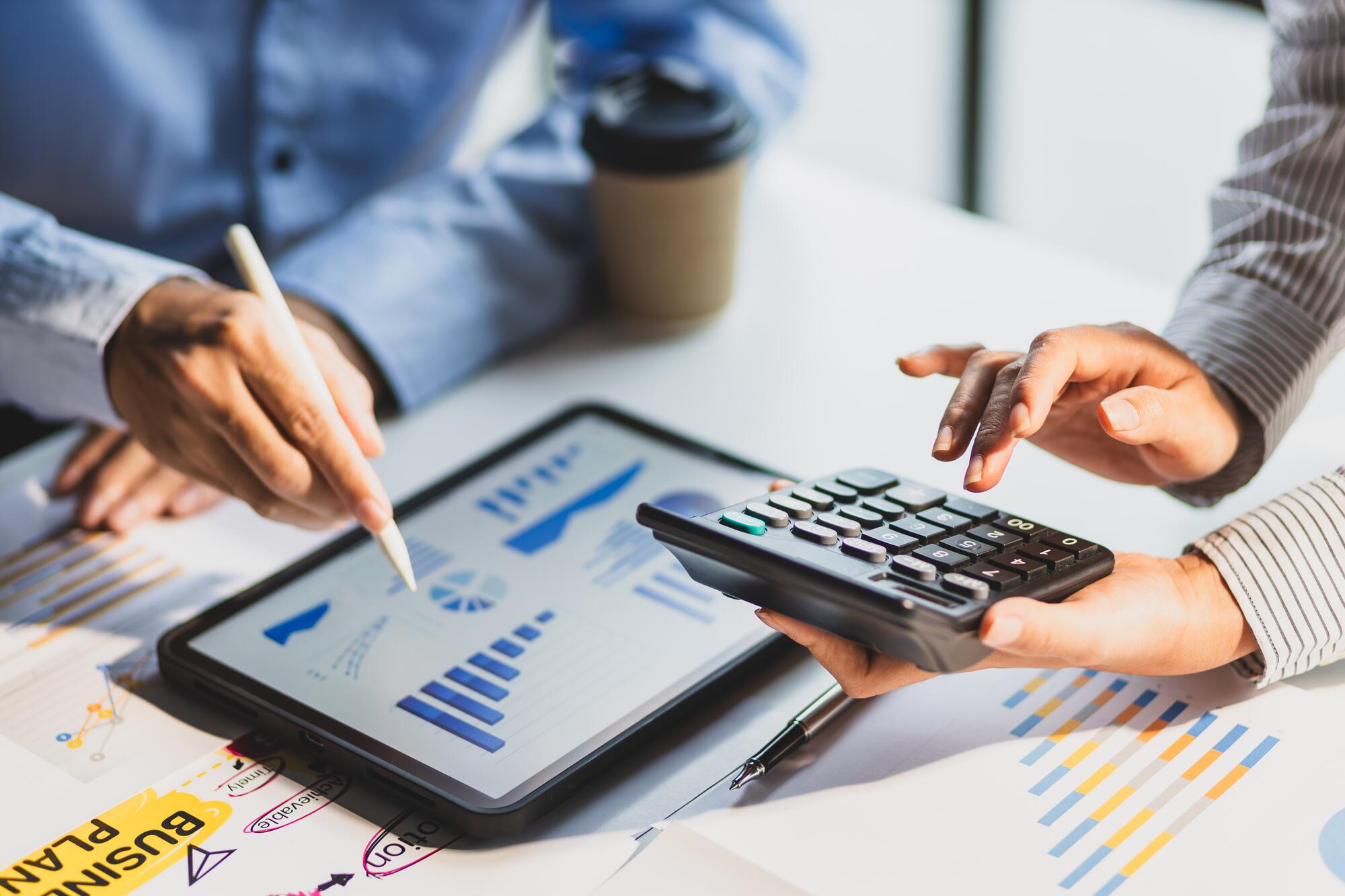Financial professionals looking at computer